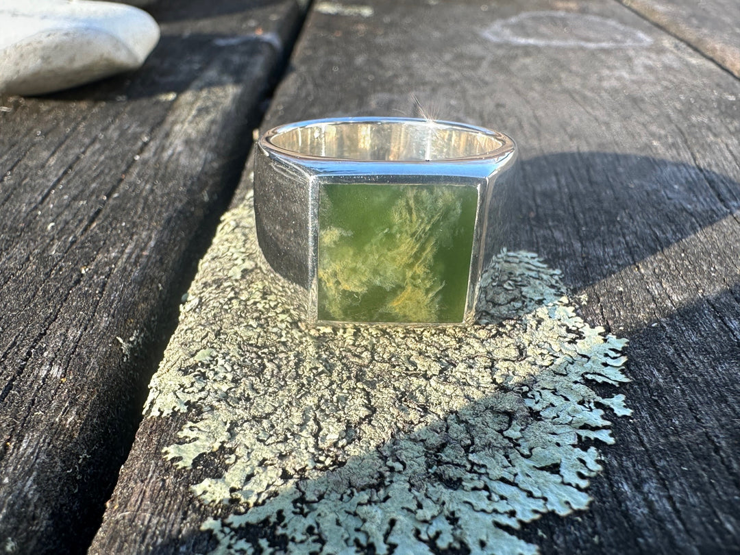 Heavy Marsden Flower Signet Ring, New Zealand Greenstone
