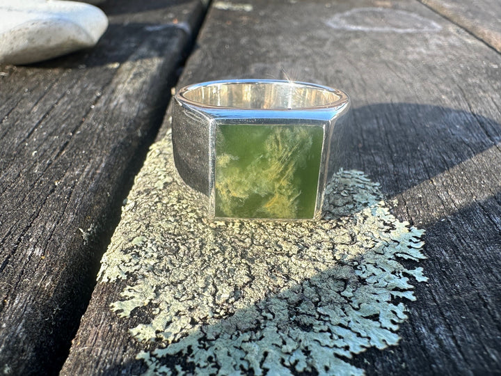 Heavy Marsden Flower Signet Ring, New Zealand Greenstone