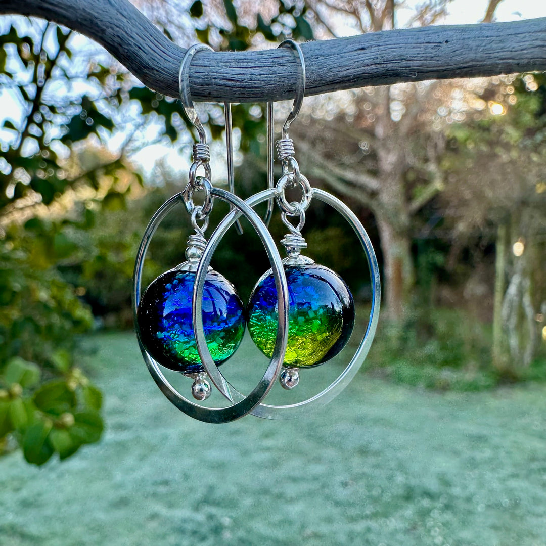 Green & blue Japanese lamp work earrings