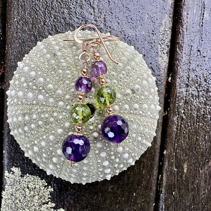 Amethyst & peridot suffragette colours earrings