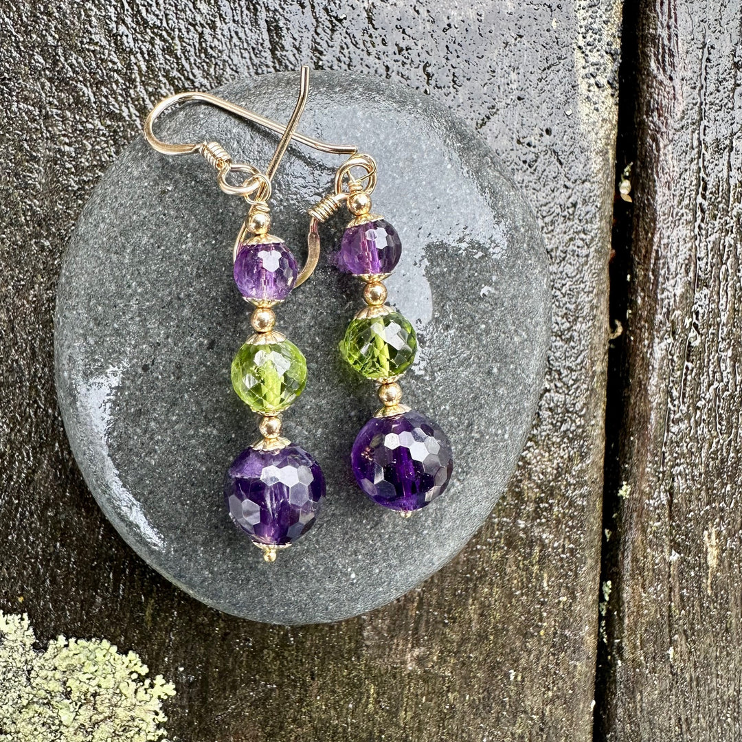 Amethyst & peridot suffragette colours earrings