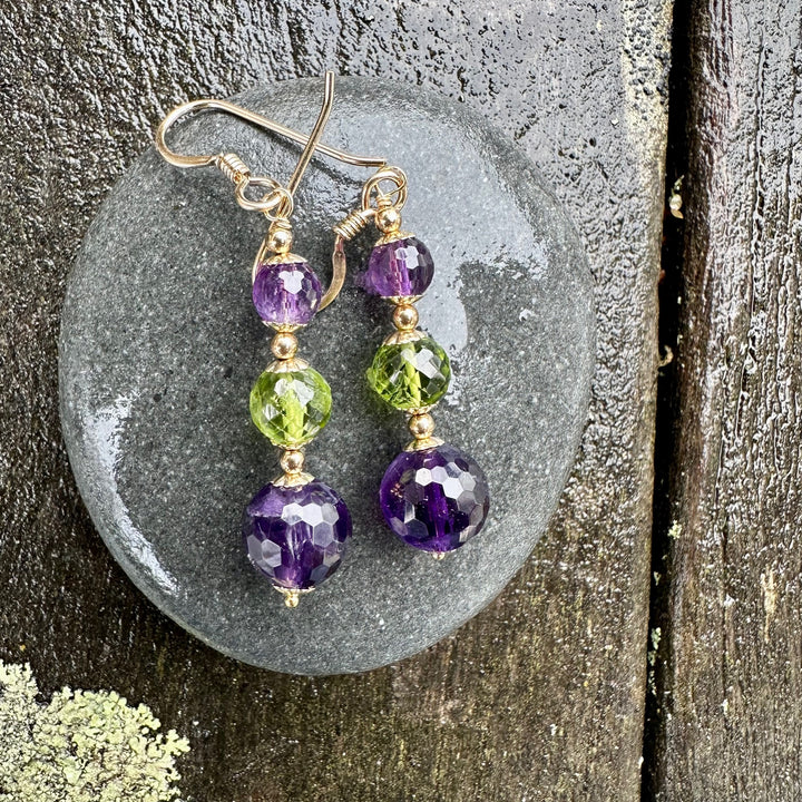 Amethyst & peridot suffragette colours earrings