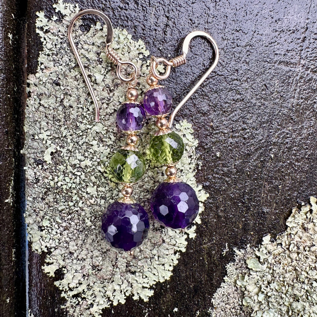 Amethyst & peridot suffragette colours earrings
