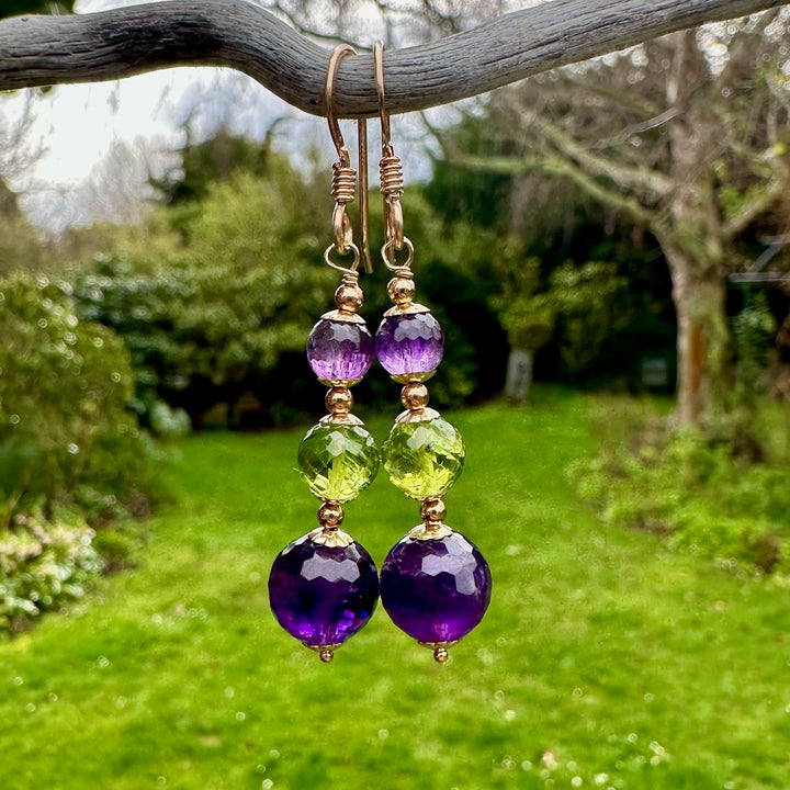 Amethyst & peridot suffragette colours earrings