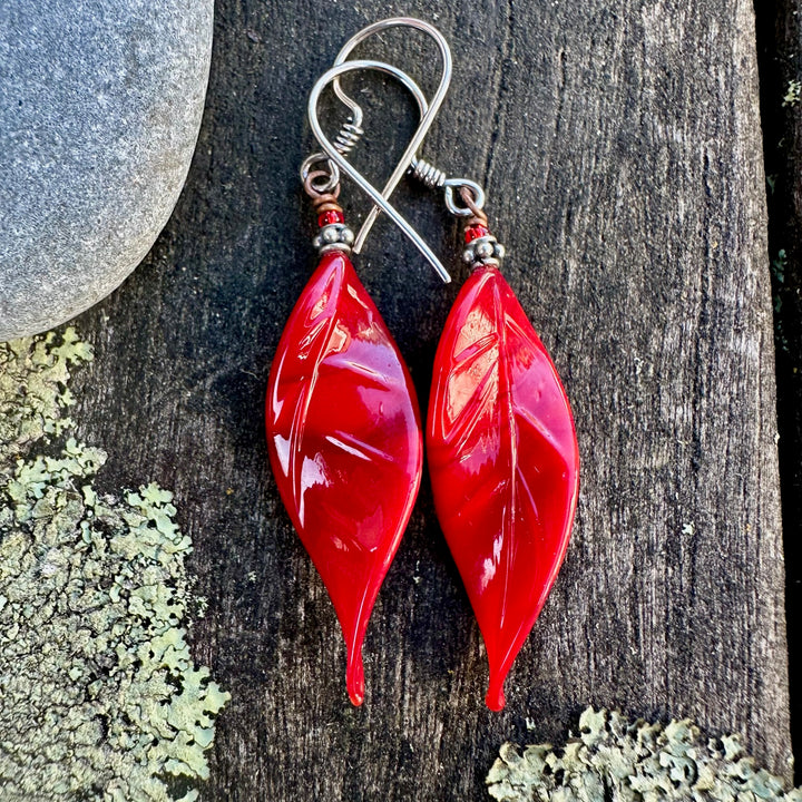 Red venetian glass twisted leaf earrings
