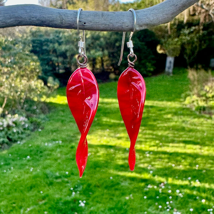 Red venetian glass twisted leaf earrings