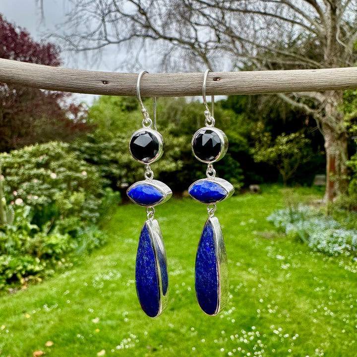 Faceted lapis onyx drop earrings