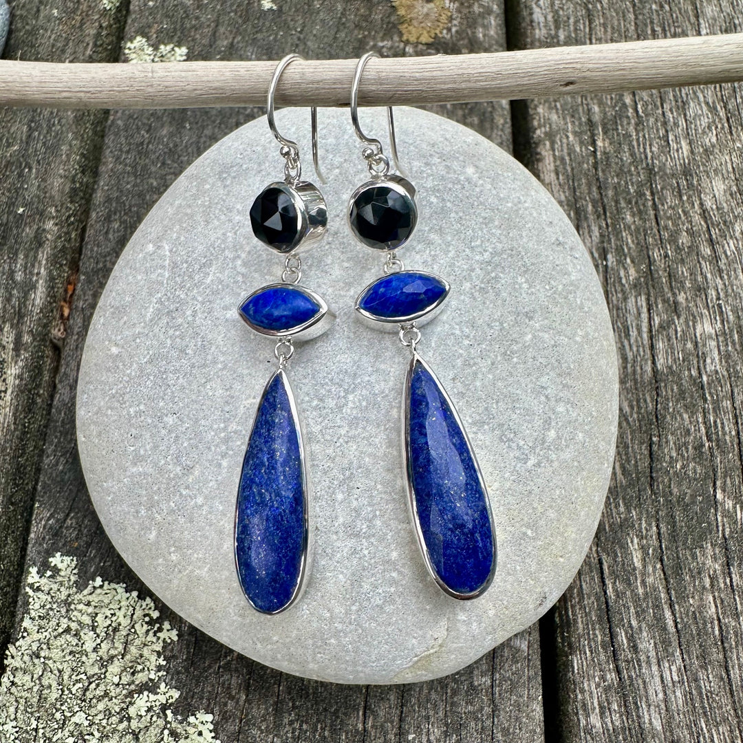 Faceted lapis onyx drop earrings
