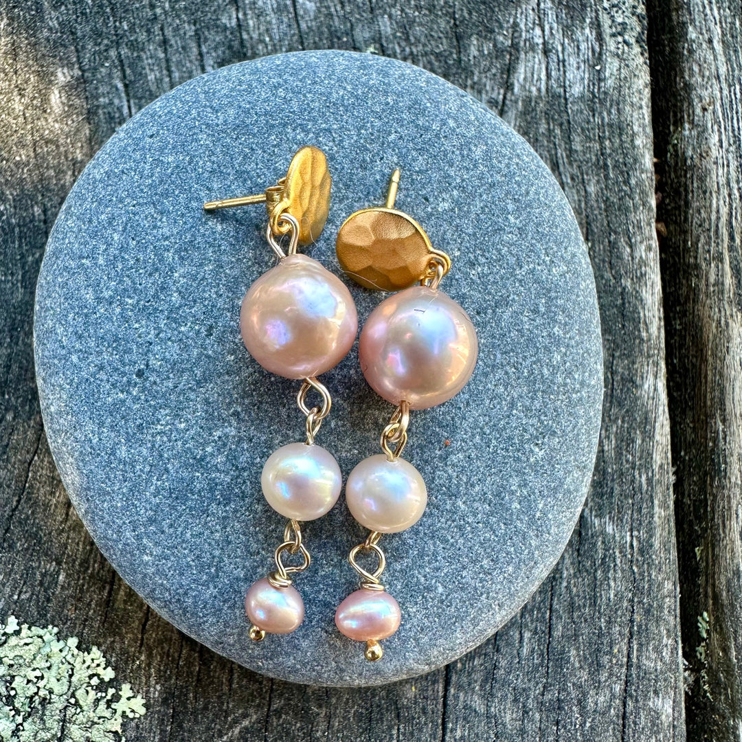3 tier pink & white freshwater pearl earrings