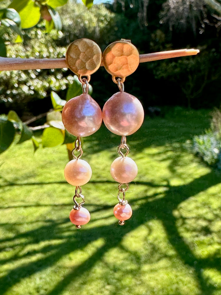 3 tier pink & white freshwater pearl earrings