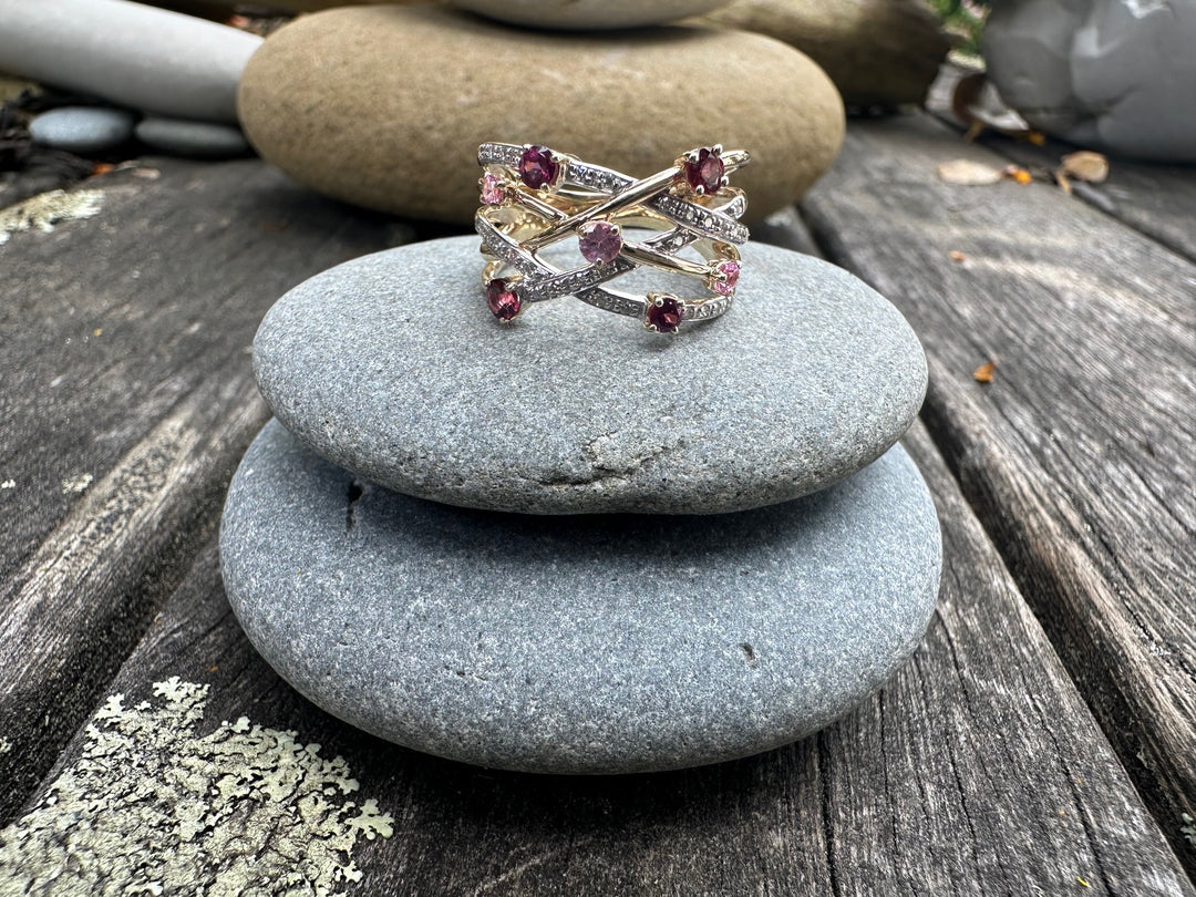 Rubellite, rhodolite, pink sapphire & diamond ring