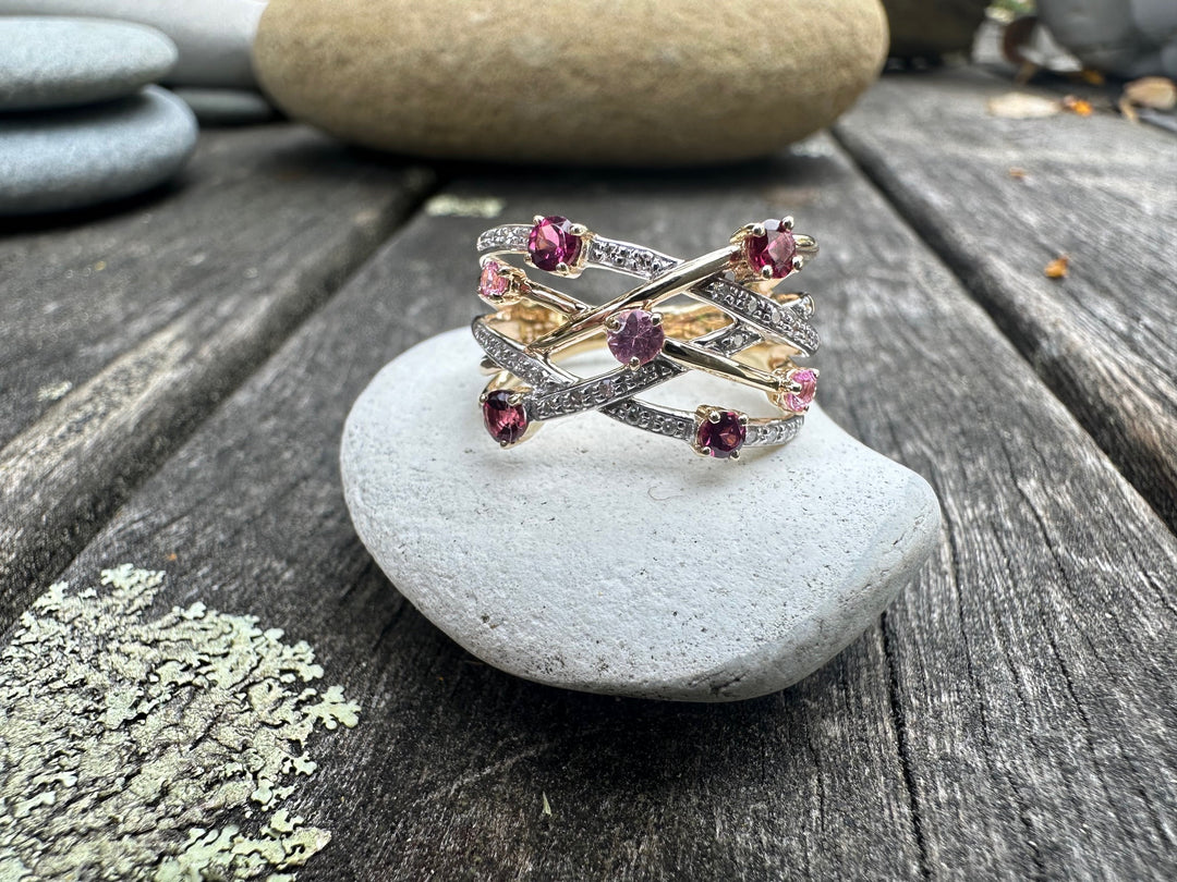 Rubellite, rhodolite, pink sapphire & diamond ring