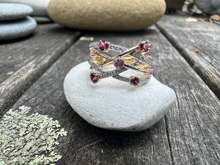 Rubellite, rhodolite, pink sapphire & diamond ring