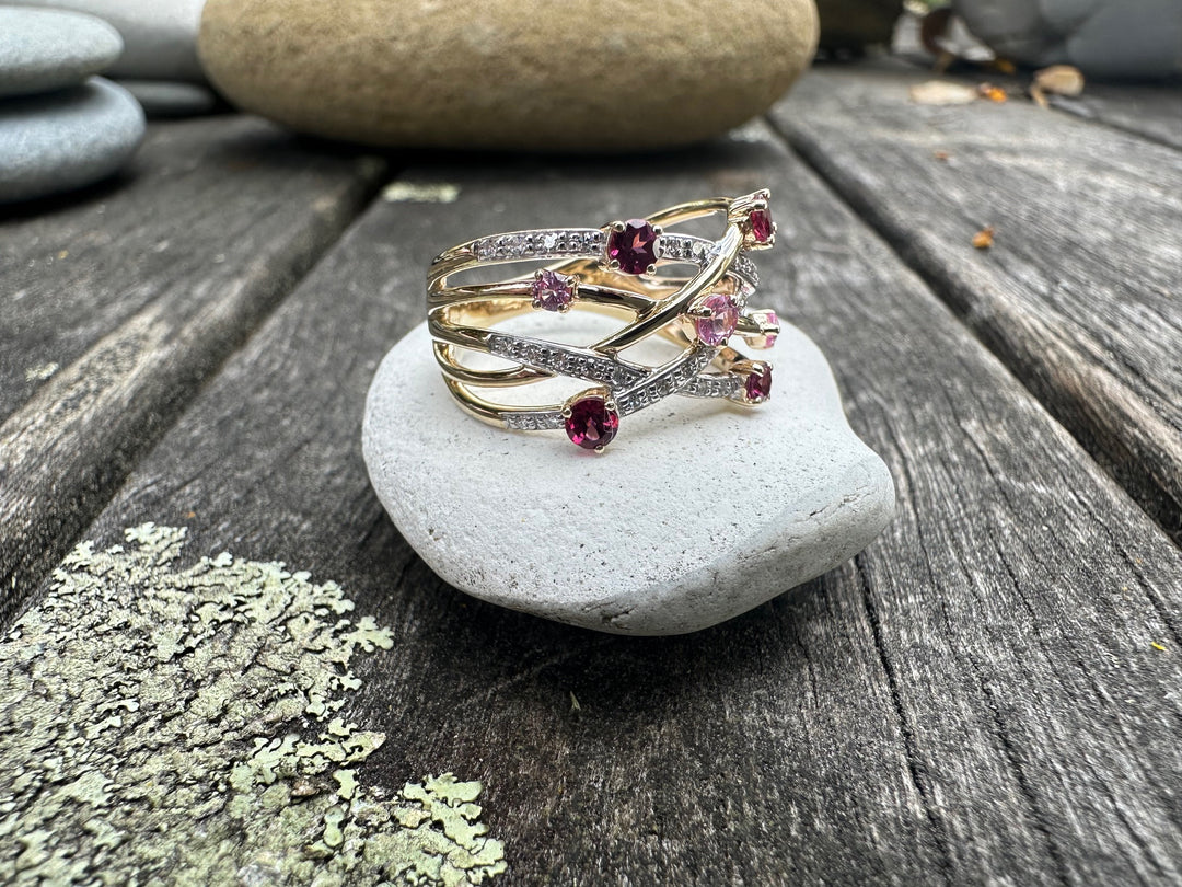 Rubellite, rhodolite, pink sapphire & diamond ring