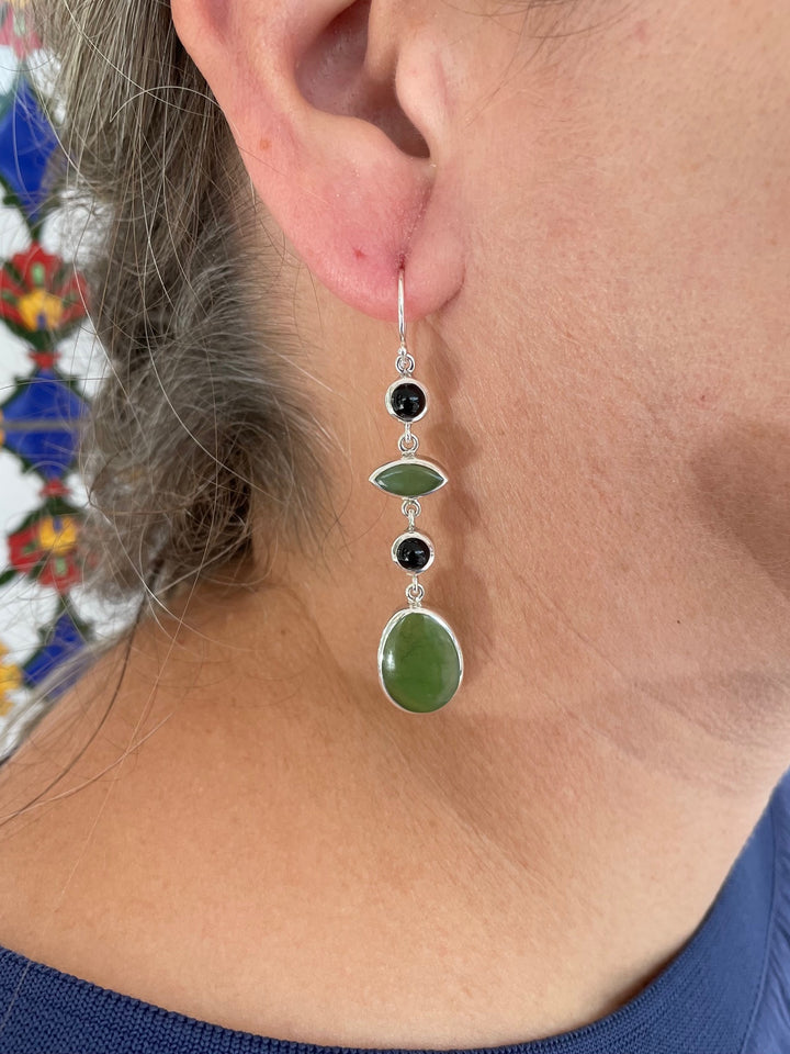 New Zealand greenstone, black onyx and sterling silver earrings