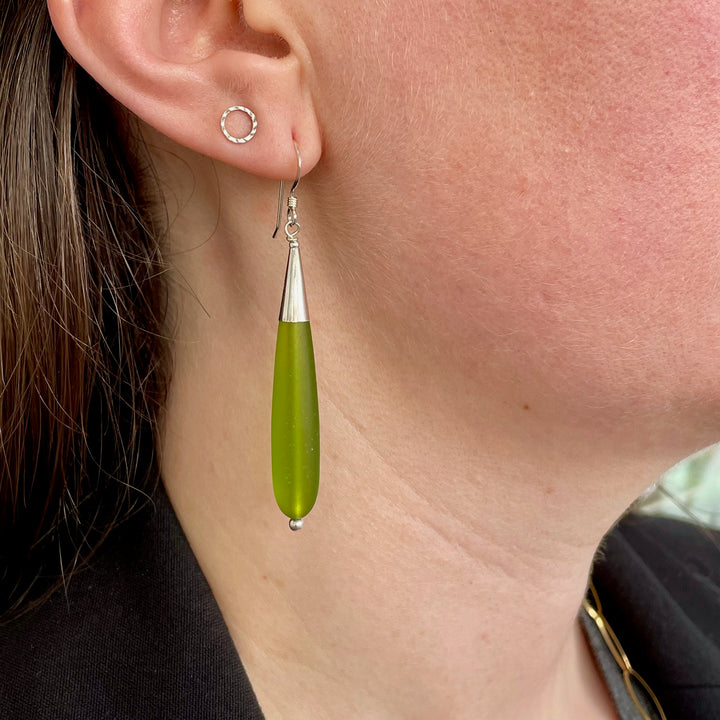 Bright green sea glass drop earrings