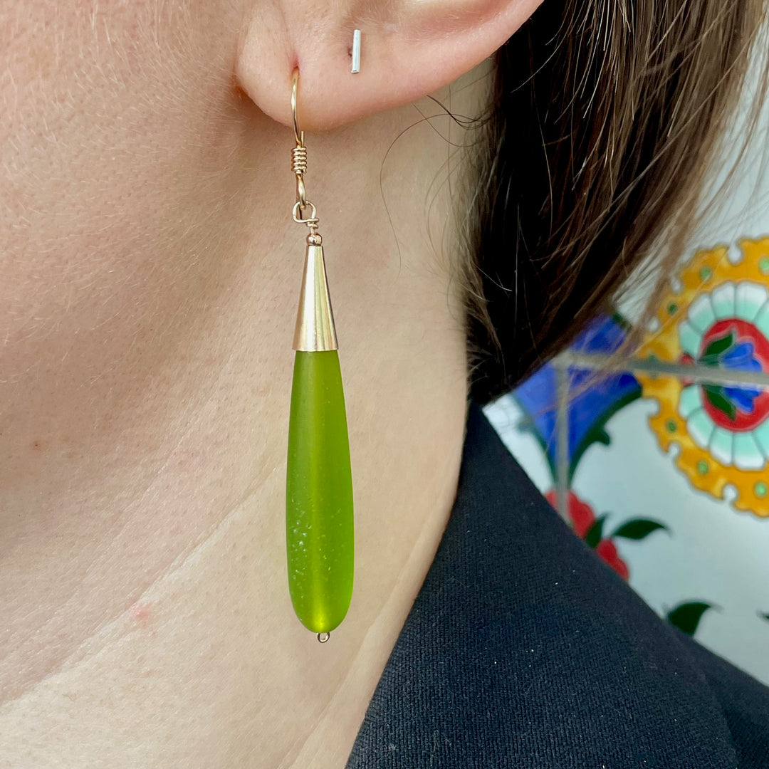 Bright green sea glass and yellow gold fill earrings