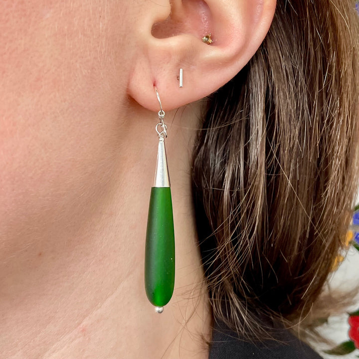 dark green sea glass drop earrings