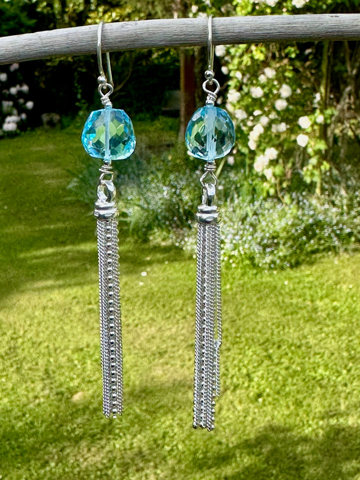 Faceted blue topaz tassel earrings