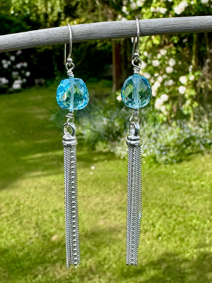 Faceted blue topaz tassel earrings