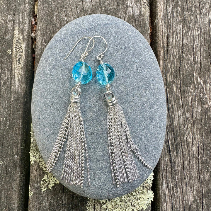 Faceted blue topaz tassel earrings