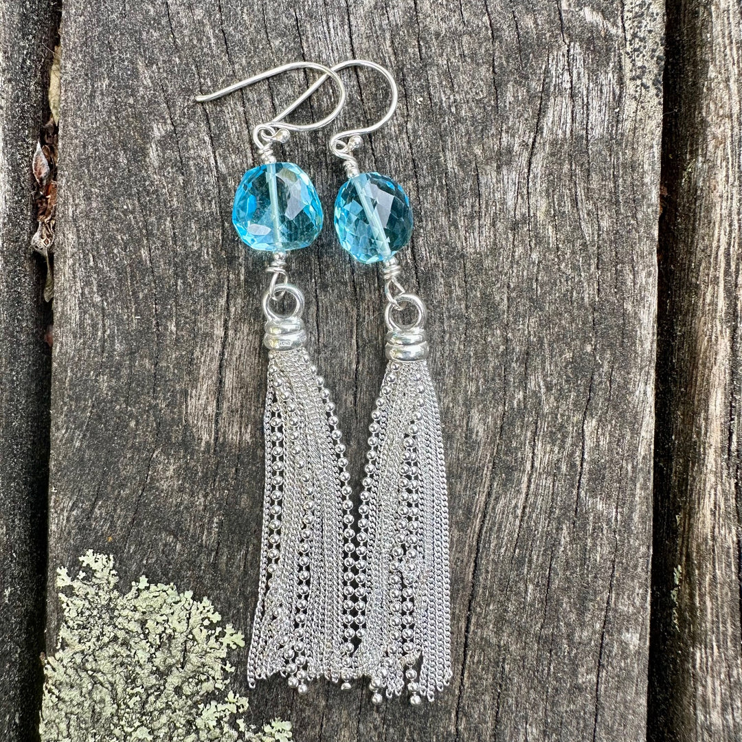 Faceted blue topaz tassel earrings