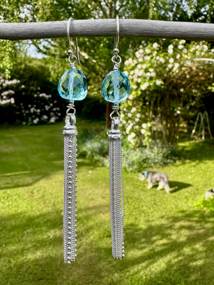 Faceted blue topaz tassel earrings