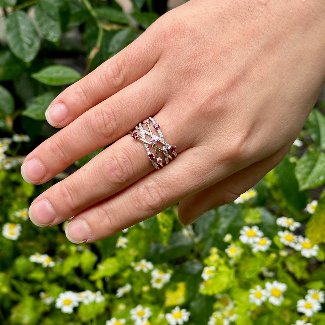 Rubellite, rhodolite, pink sapphire & diamond ring