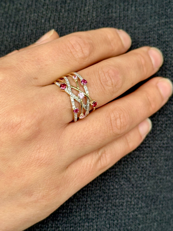 Rubellite, rhodolite, pink sapphire & diamond ring