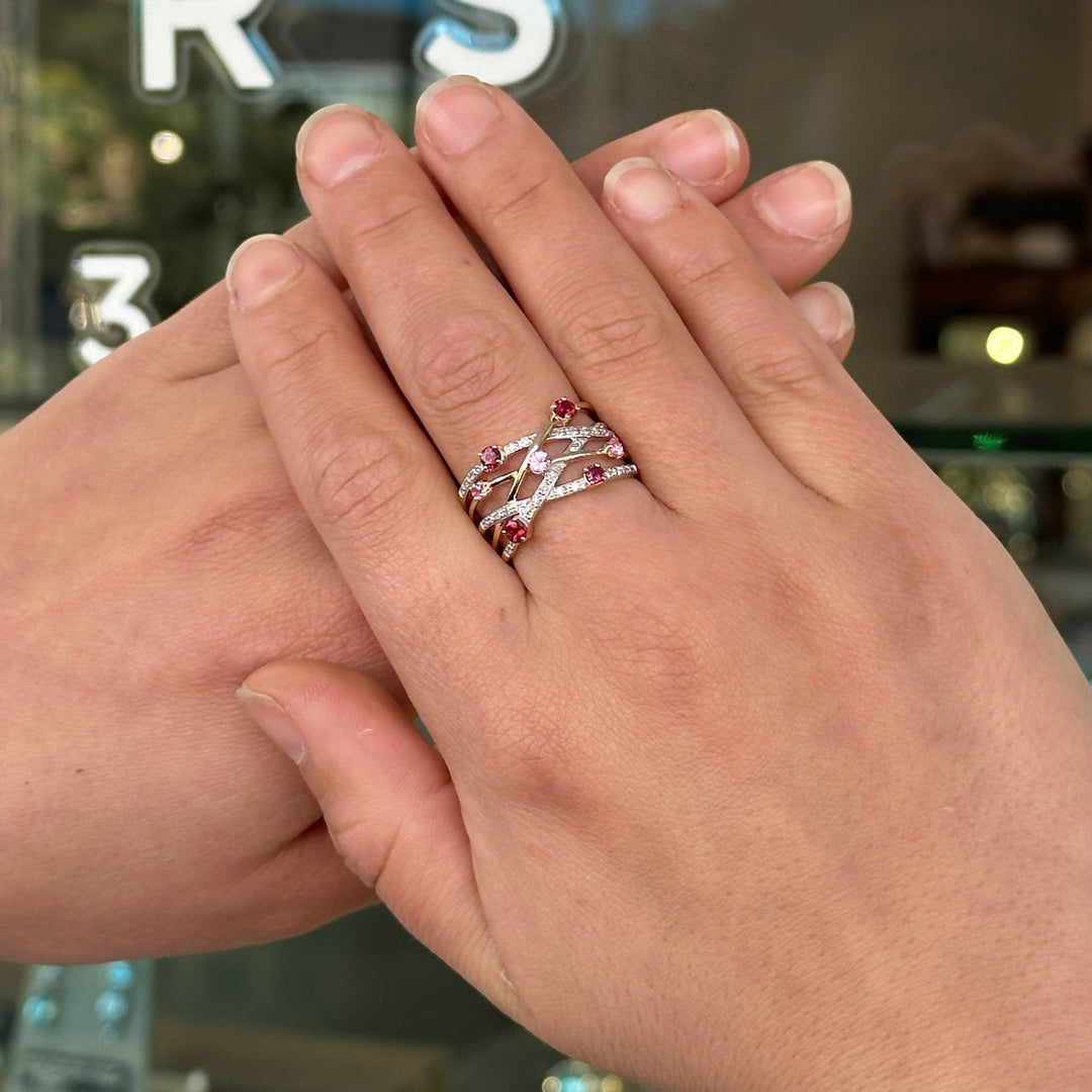 Rubellite, rhodolite, pink sapphire & diamond ring