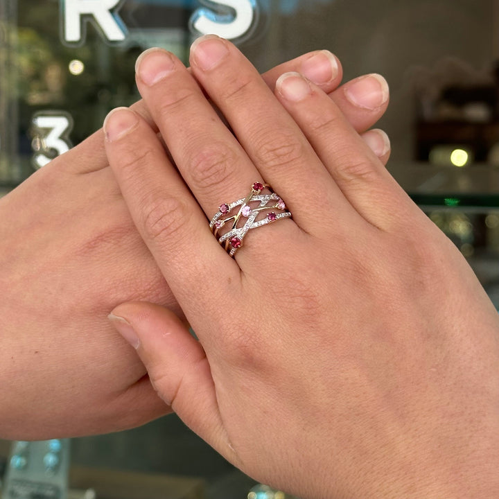 Rubellite, rhodolite, pink sapphire & diamond ring