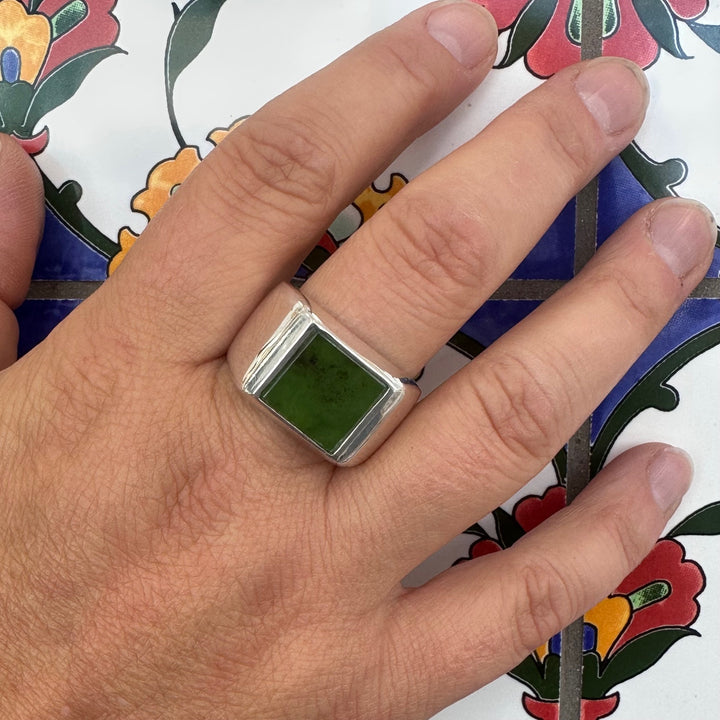 Heavy Marsden Flower & dark greenstone Signet Ring, New Zealand Greenstone