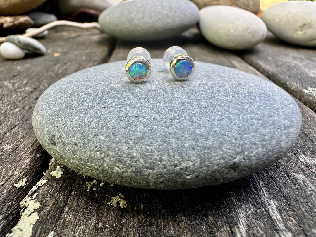 Australian opal studs in 9ct white gold