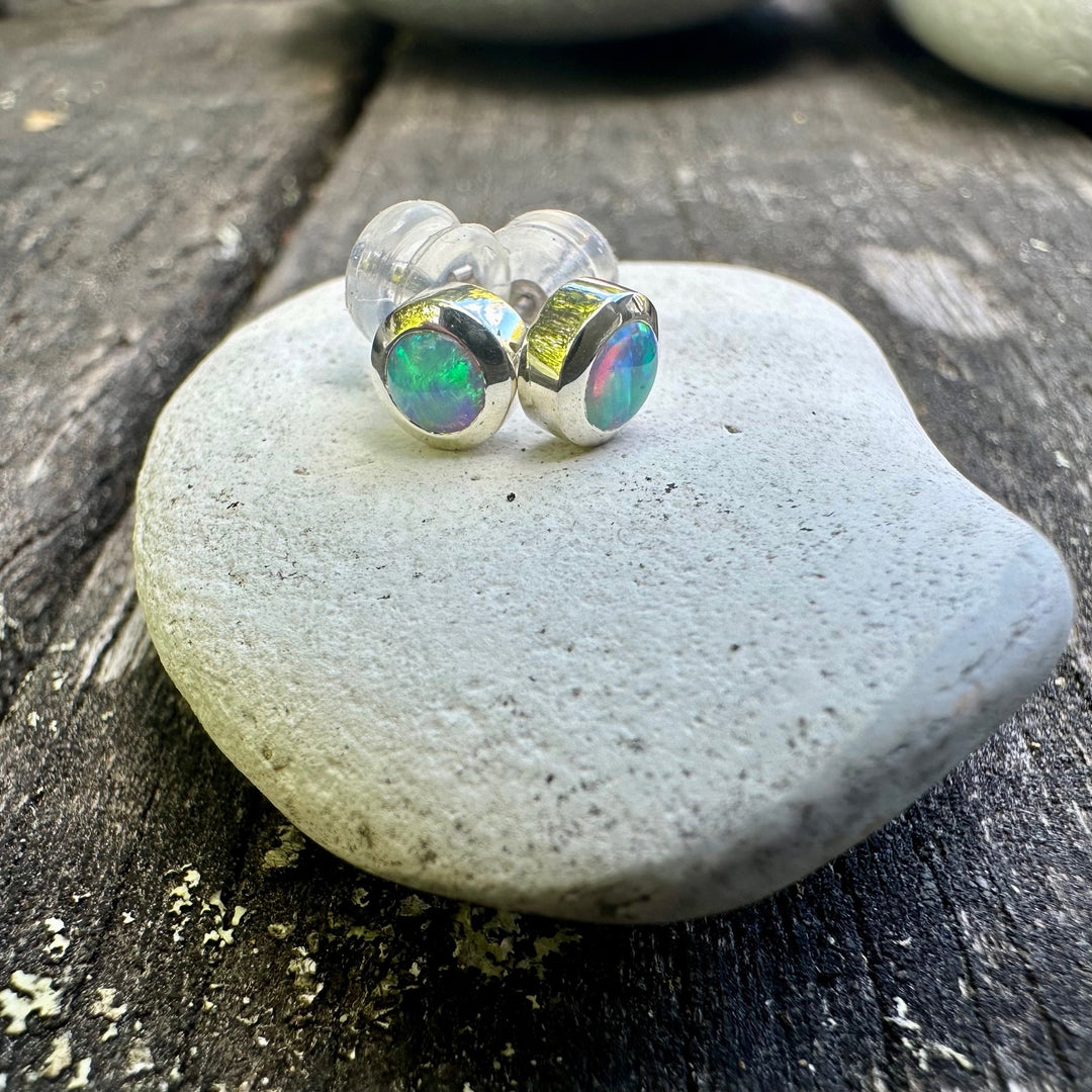 Australian opal studs in 9ct white gold