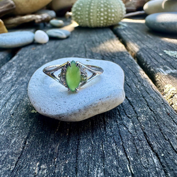 9ct White gold Marquise pounamu & diamond ring
