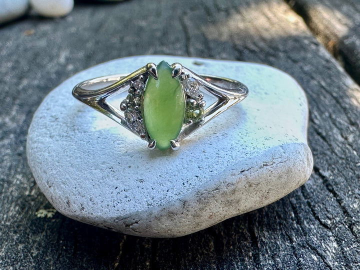 9ct White gold Marquise pounamu & diamond ring