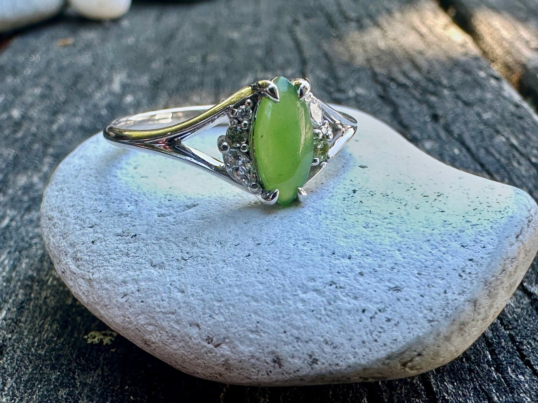 9ct White gold Marquise pounamu & diamond ring