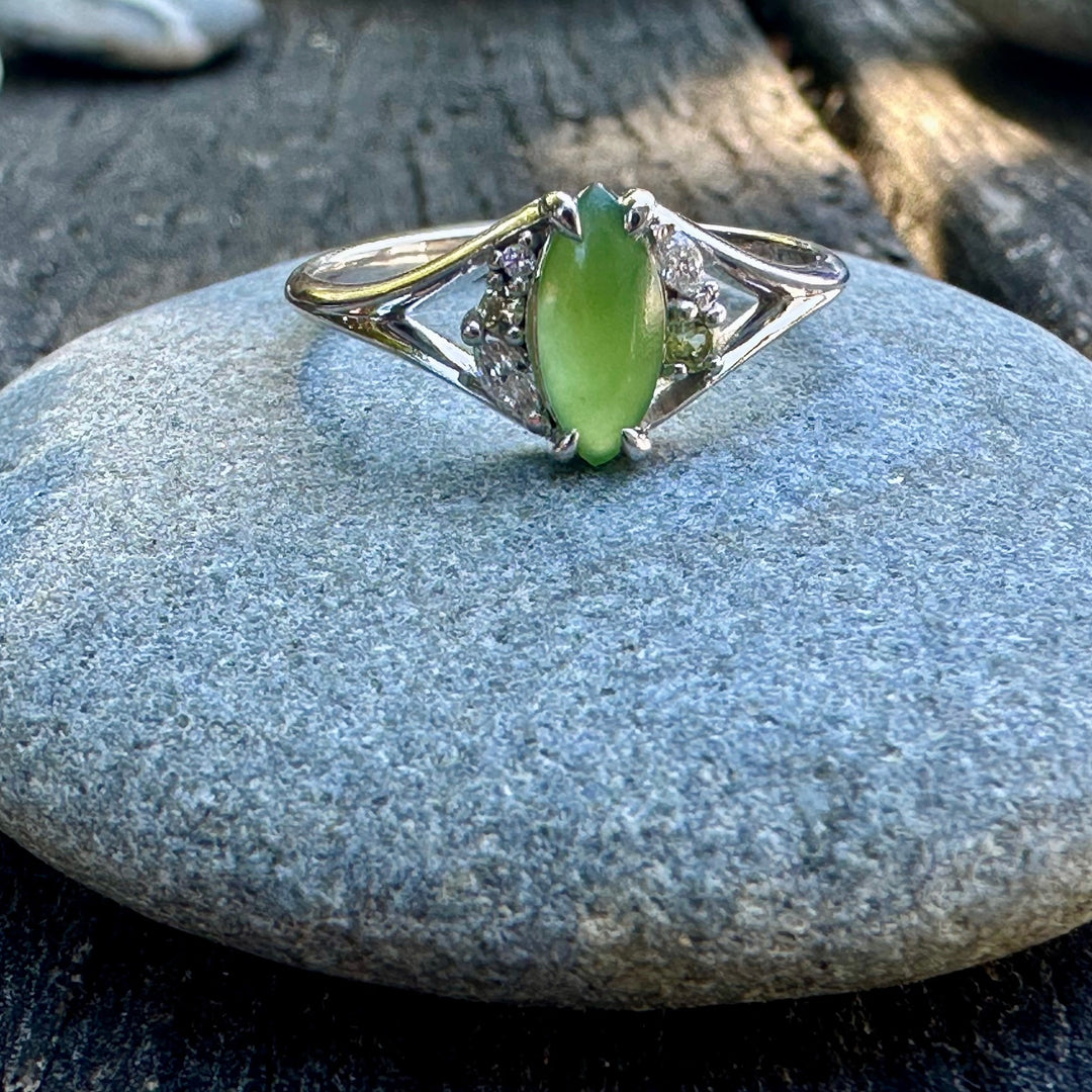 9ct White gold Marquise pounamu & diamond ring