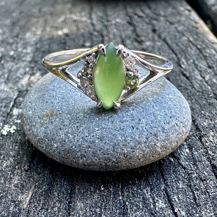9ct White gold Marquise pounamu & diamond ring