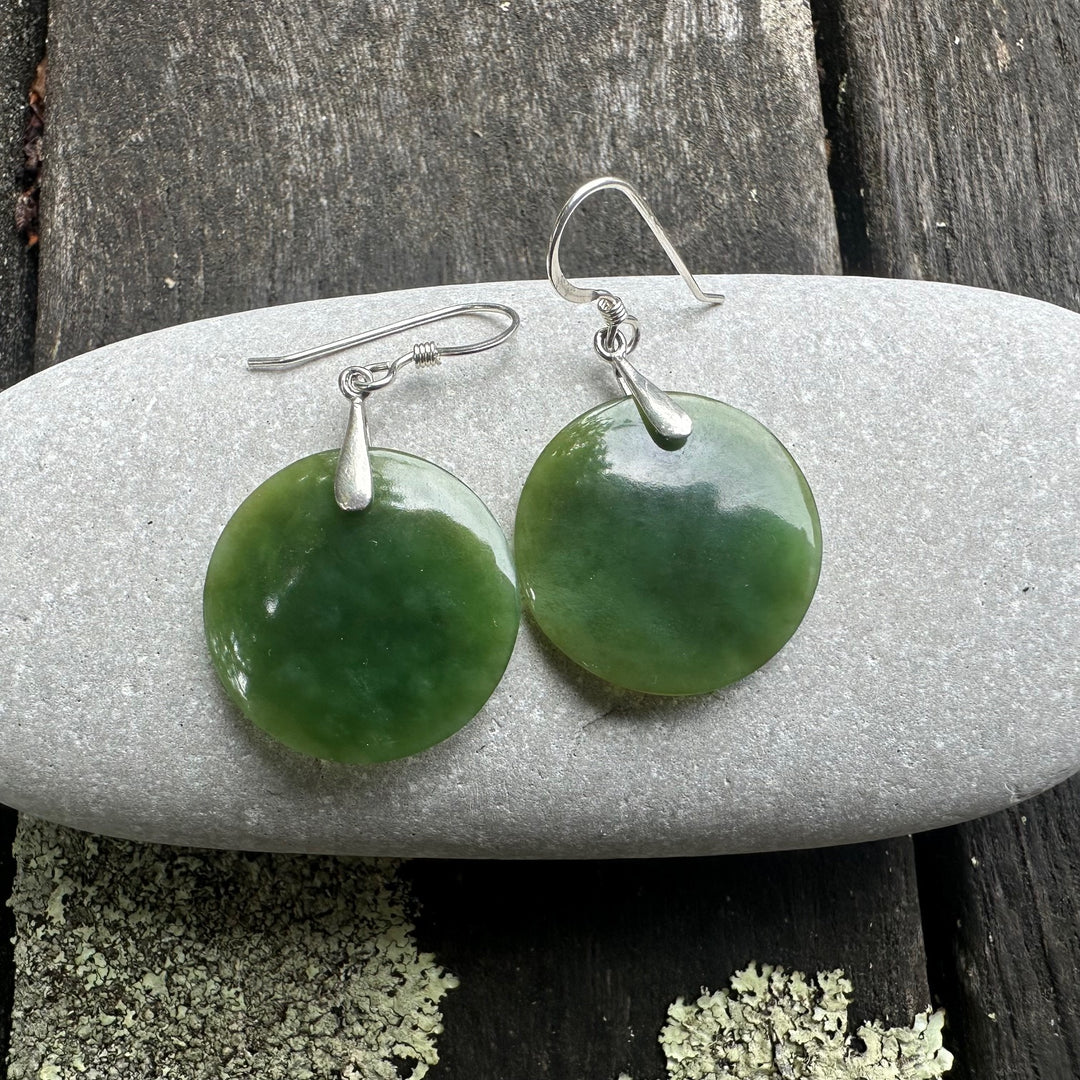 round flat new zealand greenstone drop earrings