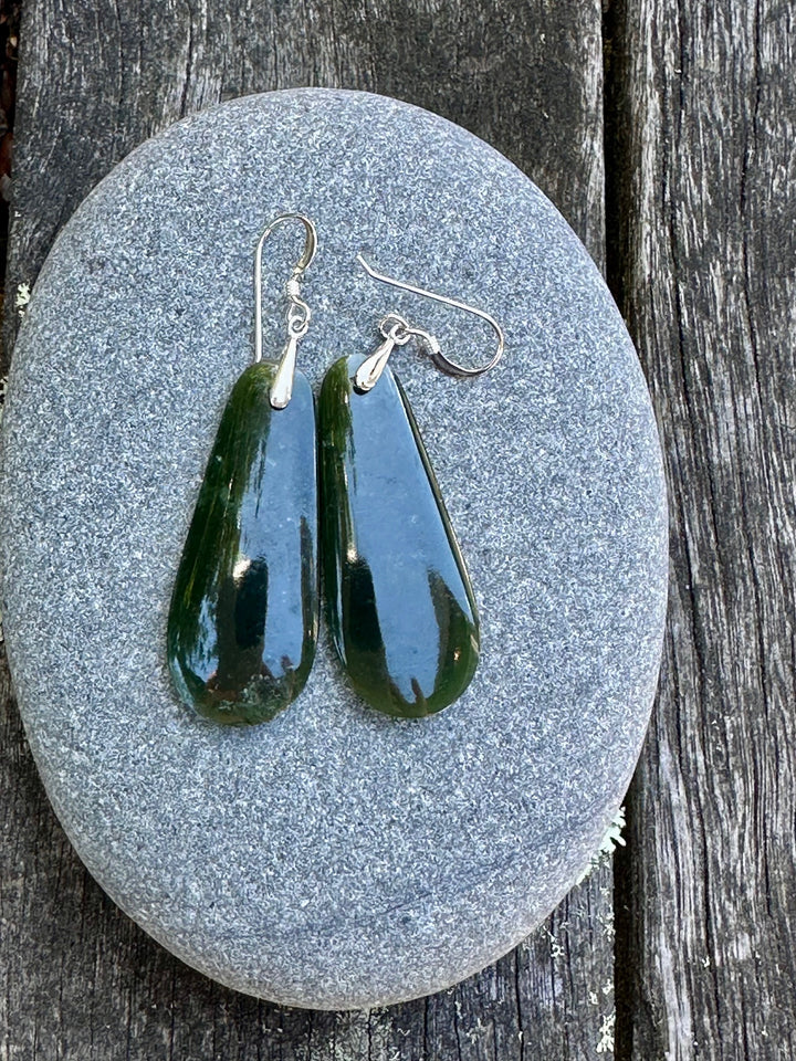 Medium dark NZ greenstone drop earrings