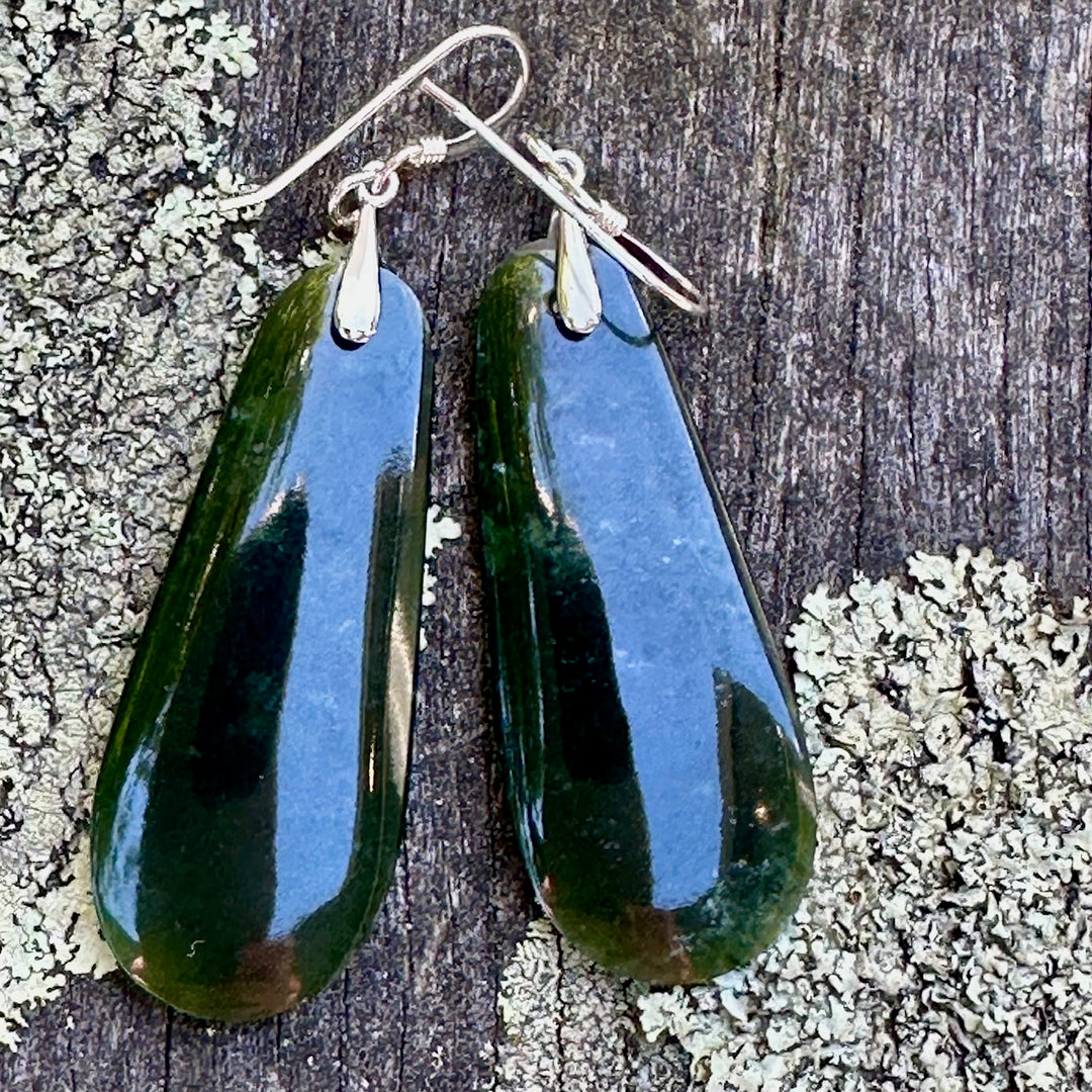 Medium dark NZ greenstone drop earrings