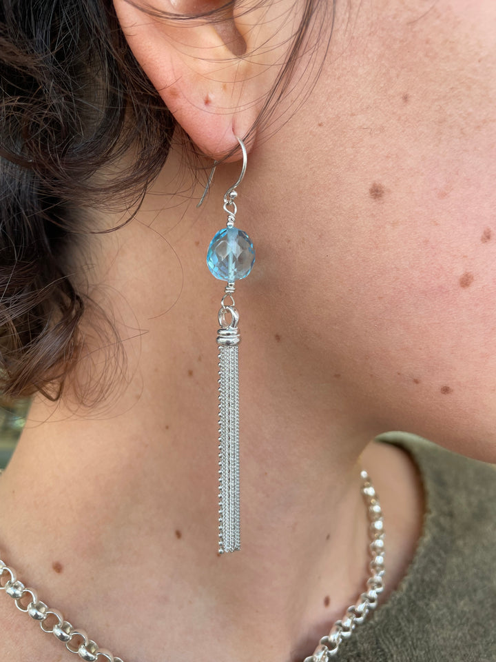 Faceted blue topaz tassel earrings