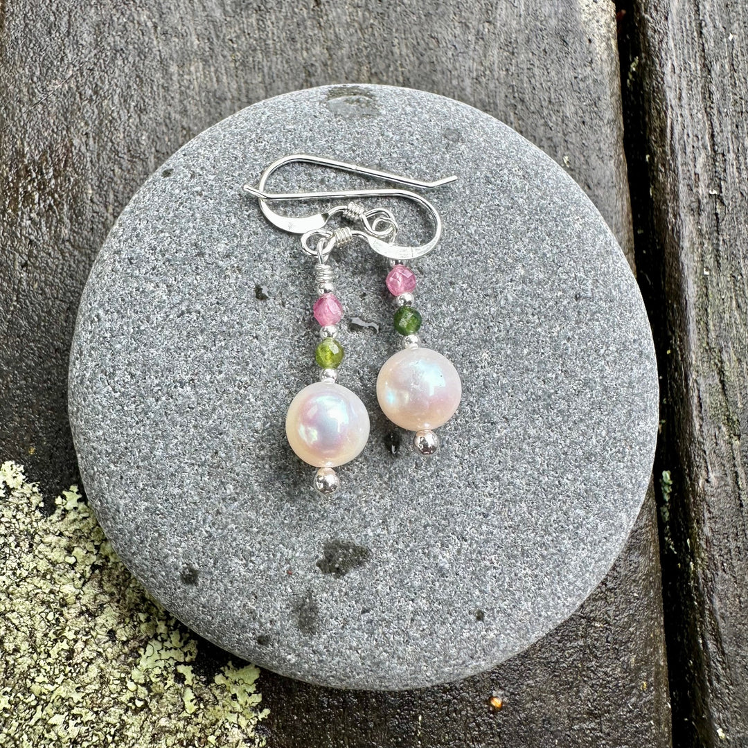 white freshwater pearl & tourmaline earrings