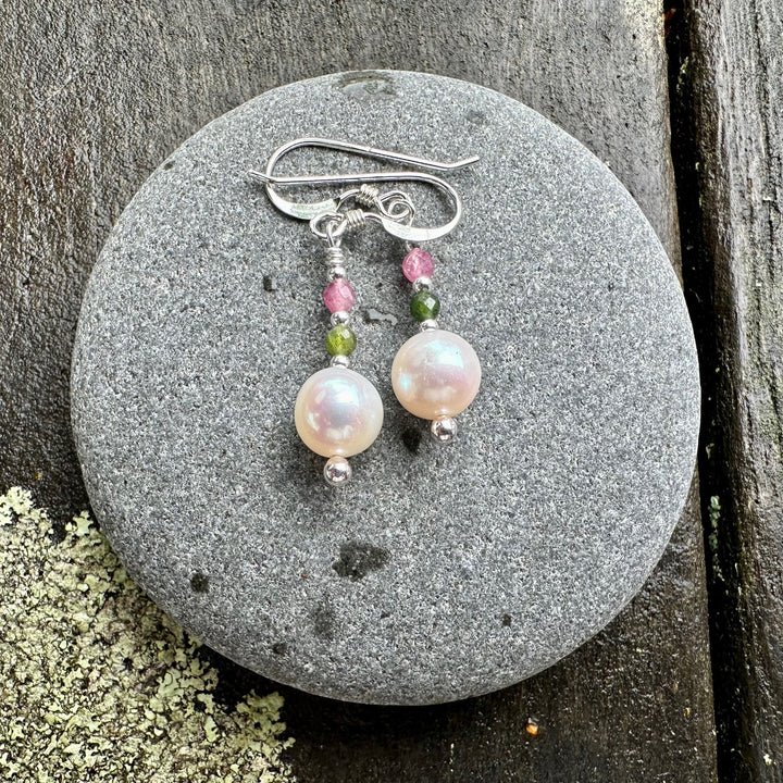 white freshwater pearl & tourmaline earrings