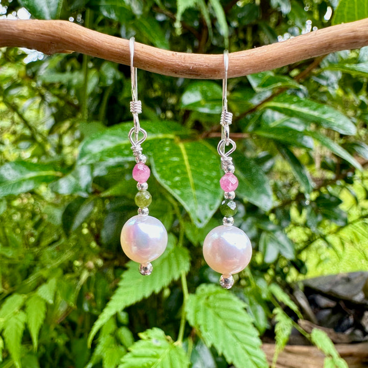 white freshwater pearl & tourmaline earrings