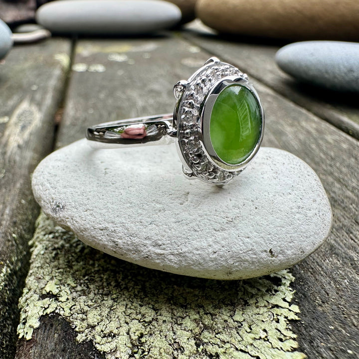 New Zealand pounamu& diamond halo ring