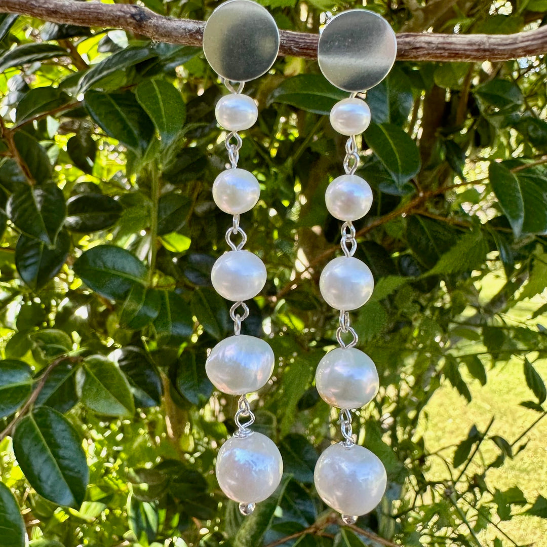 5 tier graduated white freshwater pearl earrings