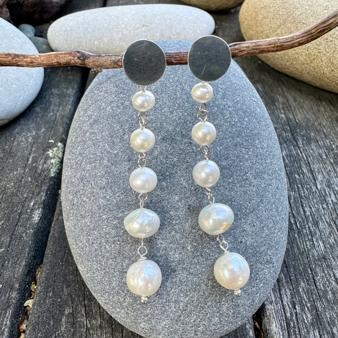5 tier graduated white freshwater pearl earrings
