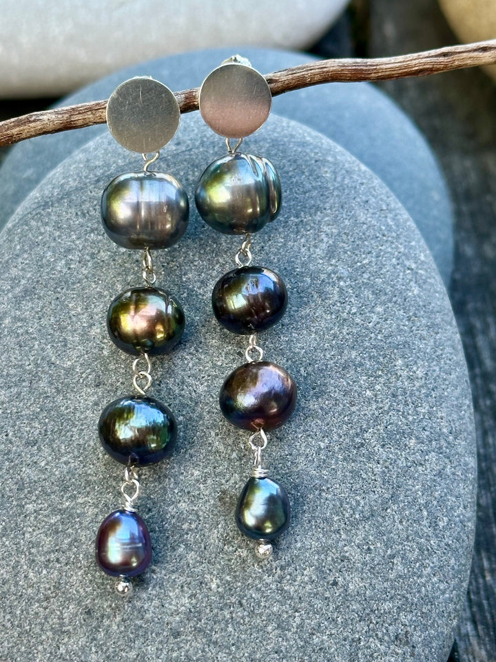 Inverted 4 tier peacock freshwater pearl earrings